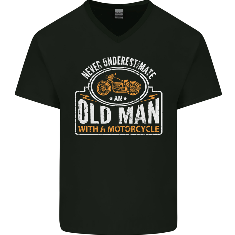 Old Man With a Motorcyle Biker Motorcycle Mens V-Neck Cotton T-Shirt Black