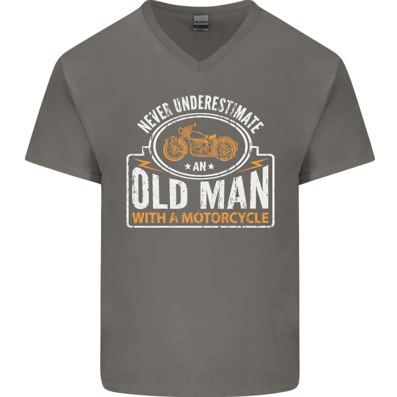 Old Man With a Motorcyle Biker Motorcycle Mens V-Neck Cotton T-Shirt Charcoal