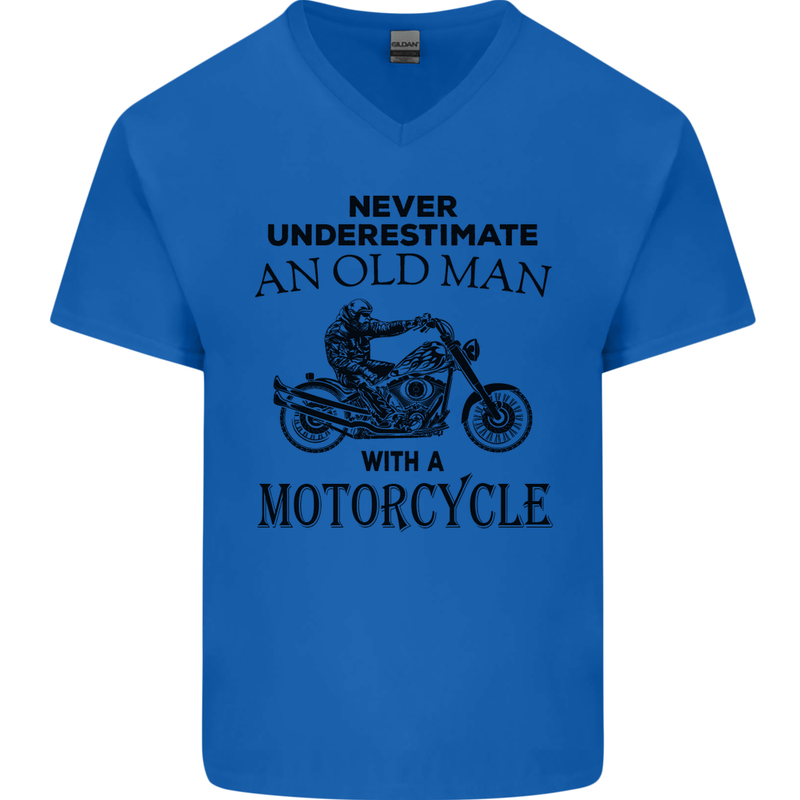 Old Man With a Motorcyle Biker Motorcycle Mens V-Neck Cotton T-Shirt Royal Blue