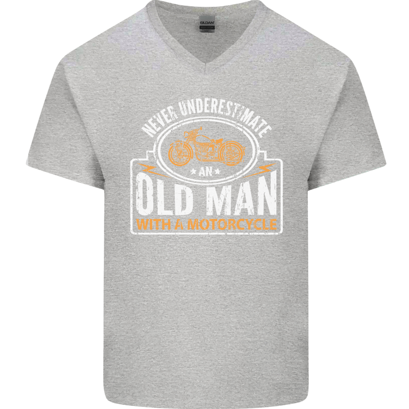 Old Man With a Motorcyle Biker Motorcycle Mens V-Neck Cotton T-Shirt Sports Grey