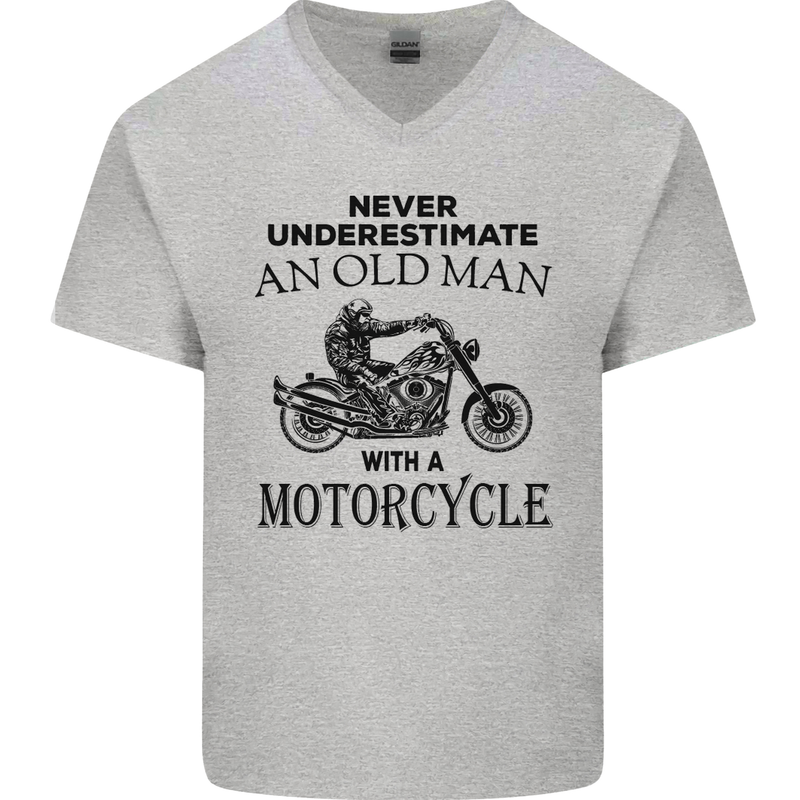 Old Man With a Motorcyle Biker Motorcycle Mens V-Neck Cotton T-Shirt Sports Grey
