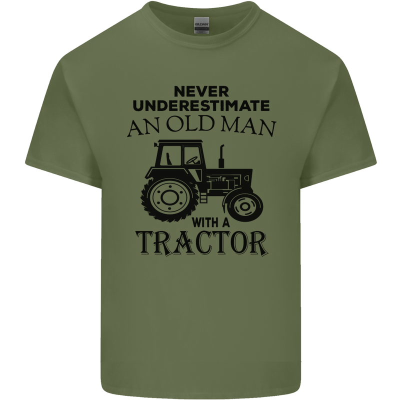 Old Man With a Tractor Driver Farmer Farm Mens Cotton T-Shirt Tee Top Military Green