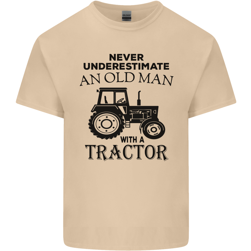 Old Man With a Tractor Driver Farmer Farm Mens Cotton T-Shirt Tee Top Sand