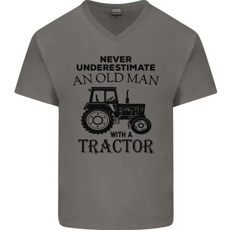 Old Man With a Tractor Driver Farmer Farm Mens V-Neck Cotton T-Shirt Charcoal