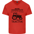Old Man With a Tractor Driver Farmer Farm Mens V-Neck Cotton T-Shirt Red