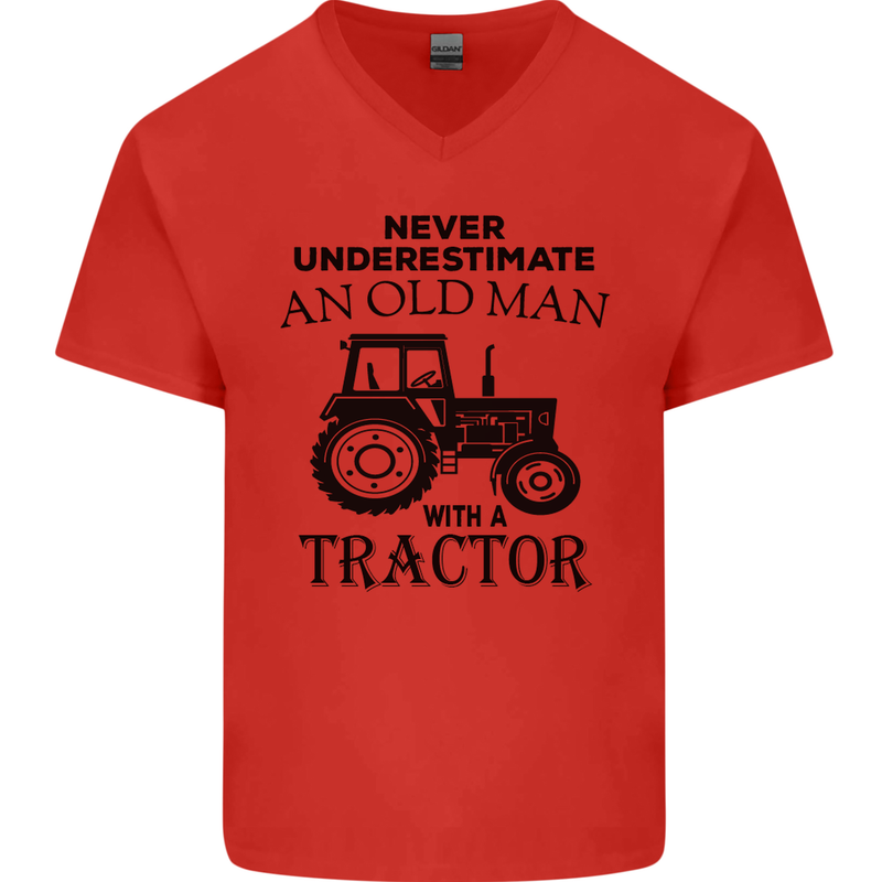Old Man With a Tractor Driver Farmer Farm Mens V-Neck Cotton T-Shirt Red