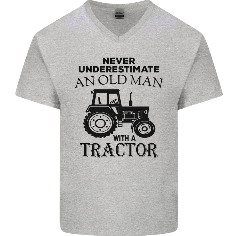 Old Man With a Tractor Driver Farmer Farm Mens V-Neck Cotton T-Shirt Sports Grey
