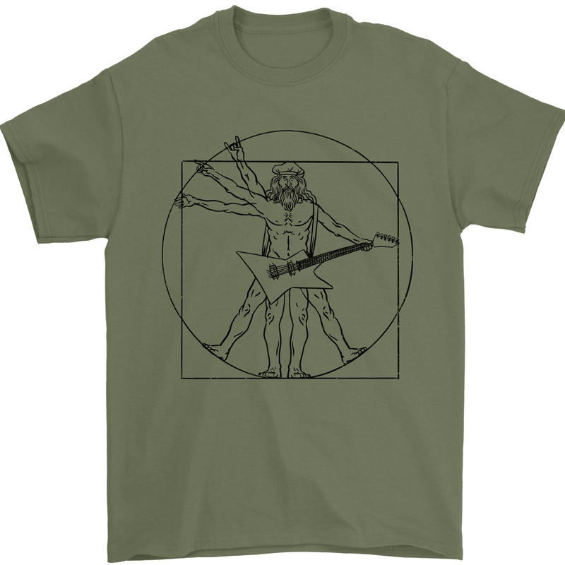 Old Rocker Vitruvian Guitarist Funny Guitar Mens T-Shirt 100% Cotton Military Green