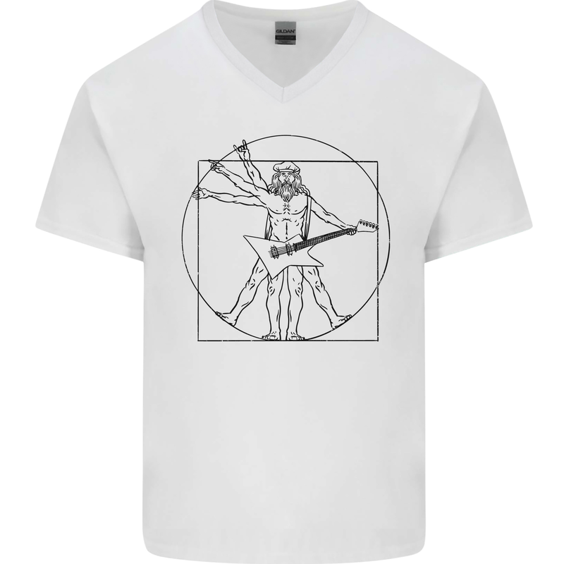 Old Rocker Vitruvian Guitarist Funny Guitar Mens V-Neck Cotton T-Shirt White