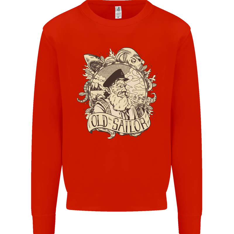 Old Sailor Octopus White Shark Captain Kids Sweatshirt Jumper Bright Red