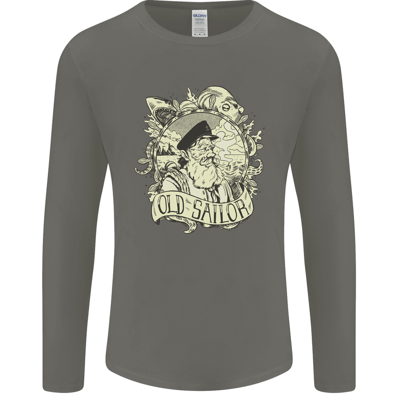 Old Sailor Octopus White Shark Captain Mens Long Sleeve T-Shirt Charcoal