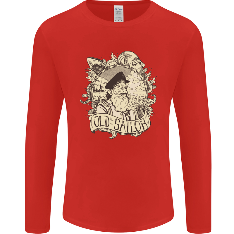 Old Sailor Octopus White Shark Captain Mens Long Sleeve T-Shirt Red