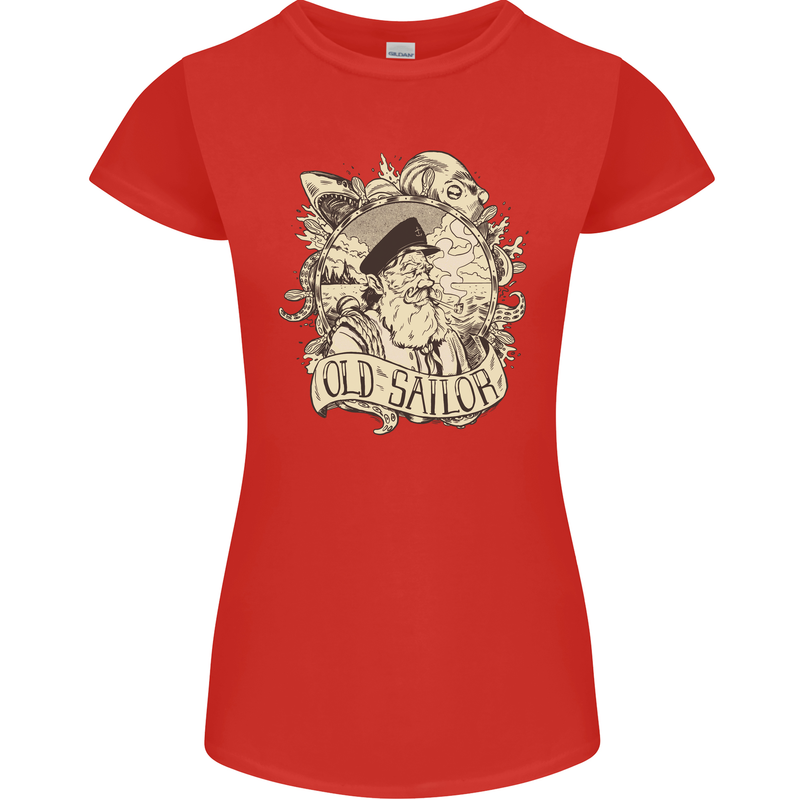 Old Sailor Octopus White Shark Captain Womens Petite Cut T-Shirt Red