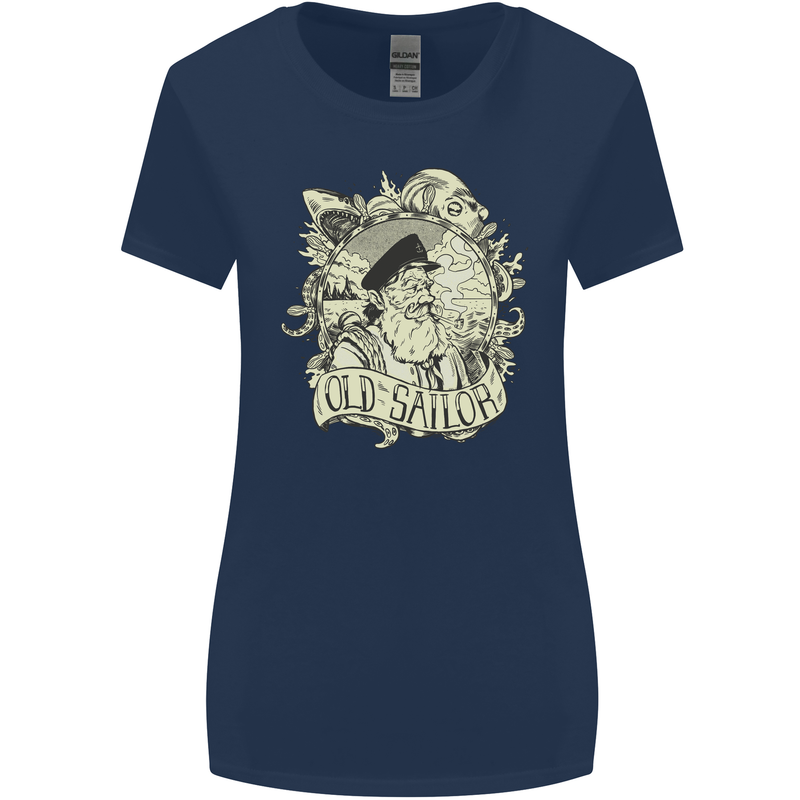 Old Sailor Octopus White Shark Captain Womens Wider Cut T-Shirt Navy Blue