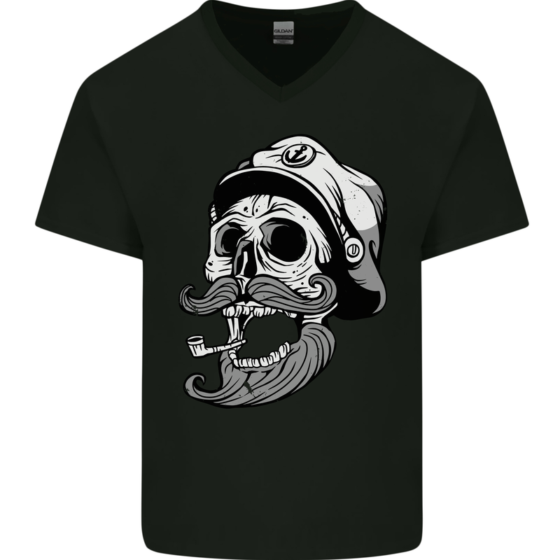 Old Sailor Skull Sailing Captain Mens V-Neck Cotton T-Shirt Black