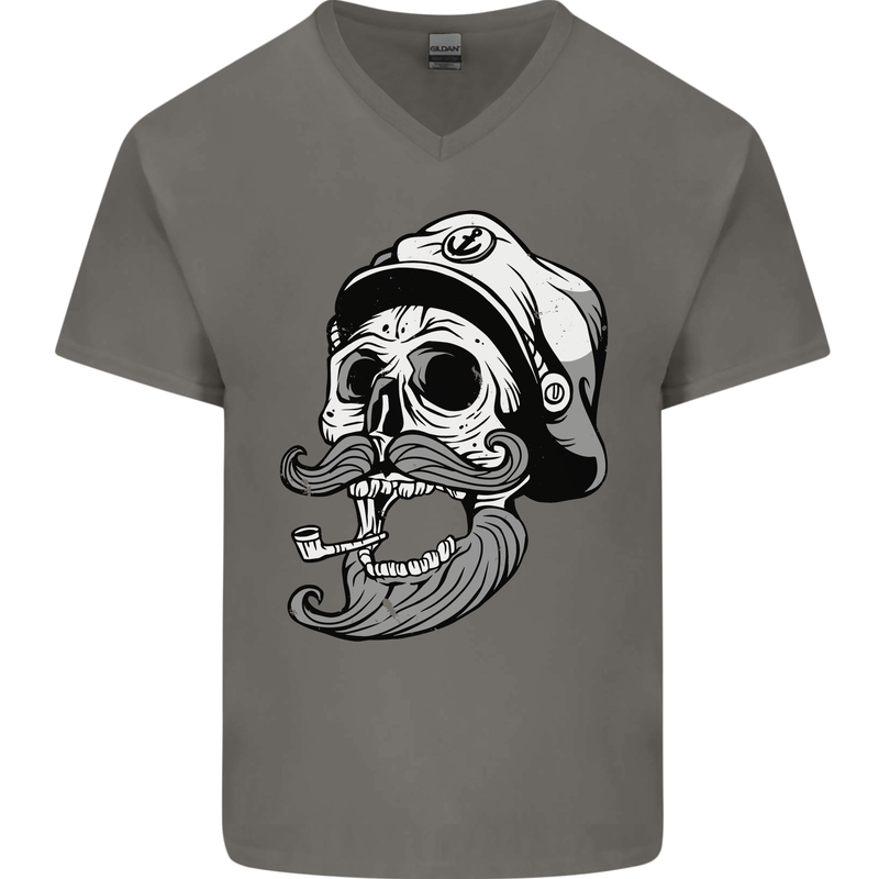 Old Sailor Skull Sailing Captain Mens V-Neck Cotton T-Shirt Charcoal