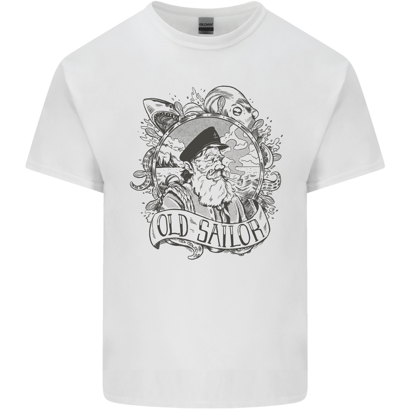 Old Sailor White Shark Octopus Captain Kids T-Shirt Childrens White