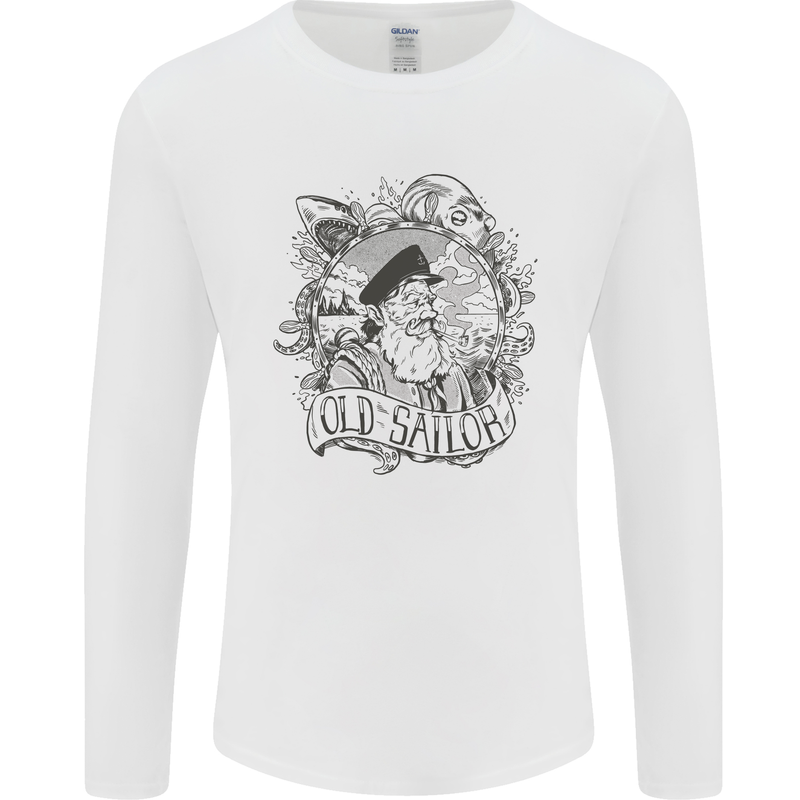Old Sailor White Shark Octopus Captain Mens Long Sleeve T-Shirt White