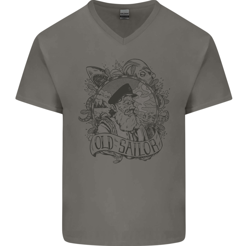 Old Sailor White Shark Octopus Captain Mens V-Neck Cotton T-Shirt Charcoal
