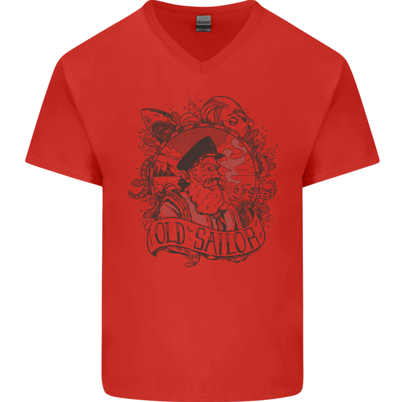 Old Sailor White Shark Octopus Captain Mens V-Neck Cotton T-Shirt Red