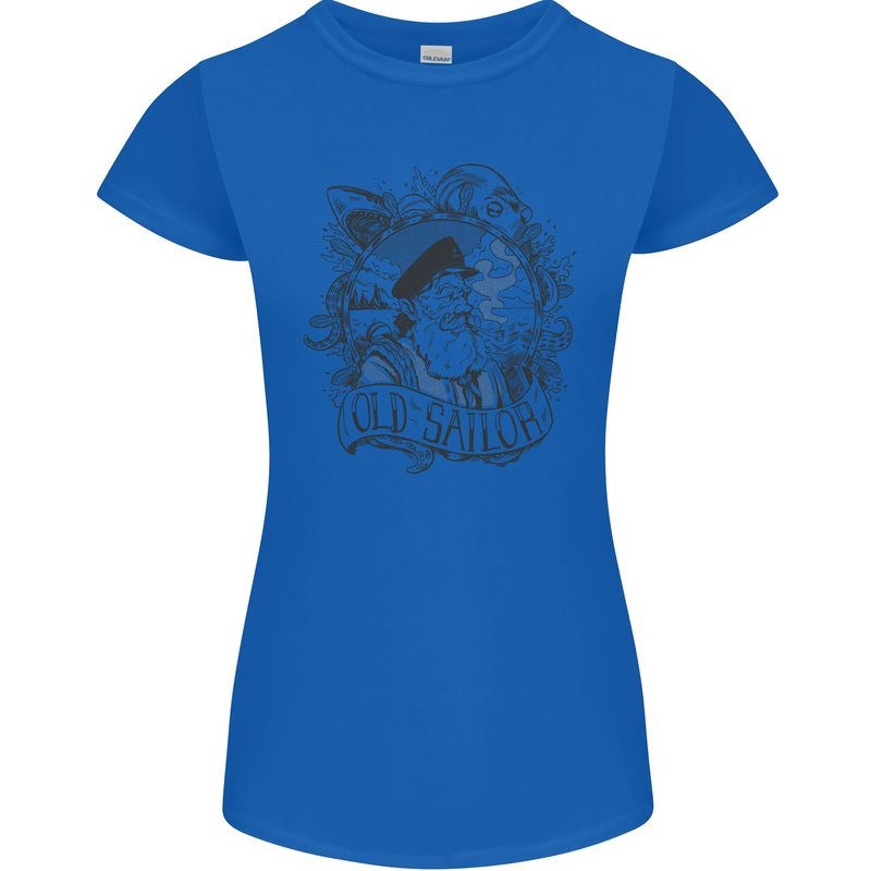 Old Sailor White Shark Octopus Captain Womens Petite Cut T-Shirt Royal Blue