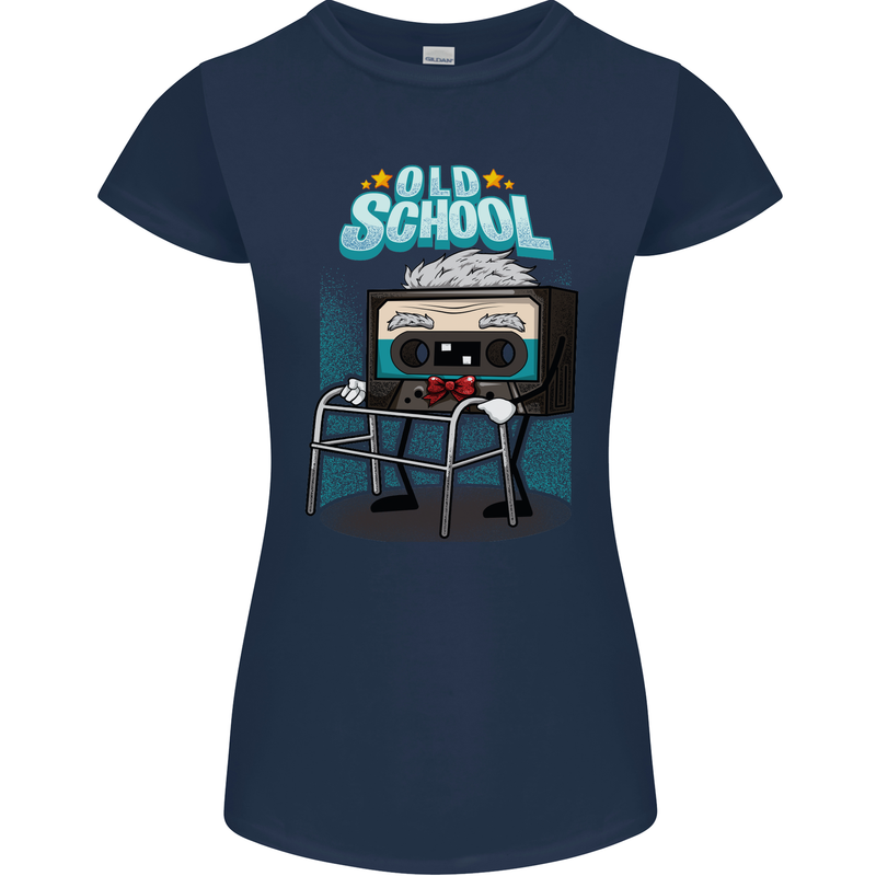 Old School 80s Music Cassette Retro 90s Womens Petite Cut T-Shirt Navy Blue