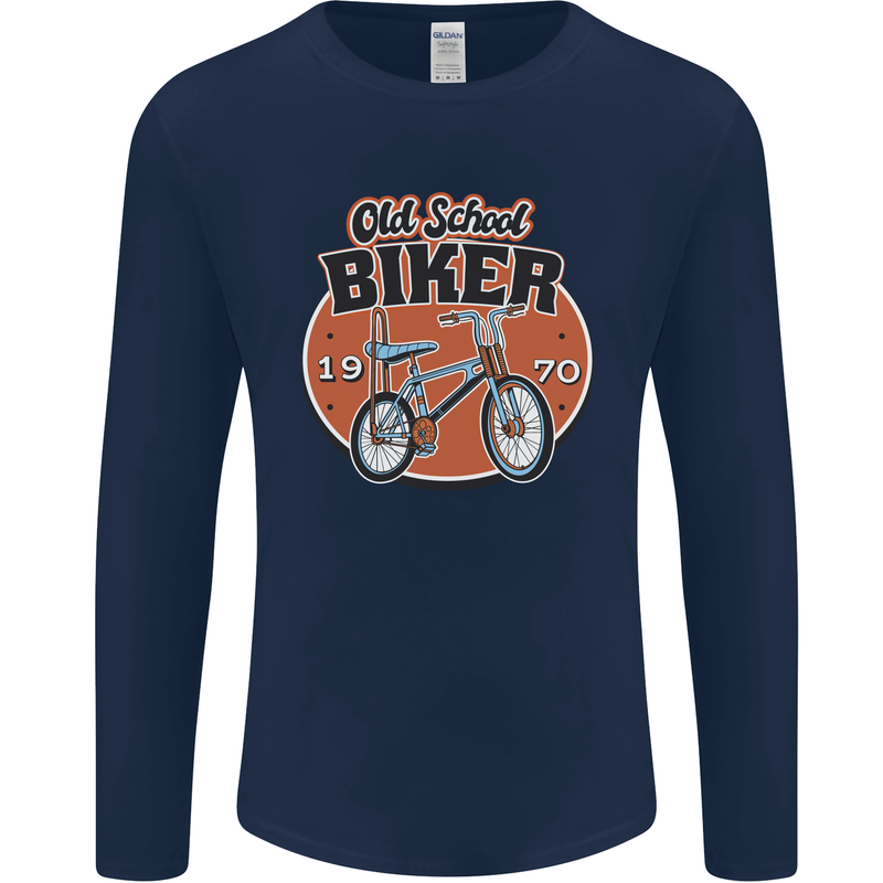 Old School Biker Bicycle Chopper Cycling Mens Long Sleeve T-Shirt Navy Blue