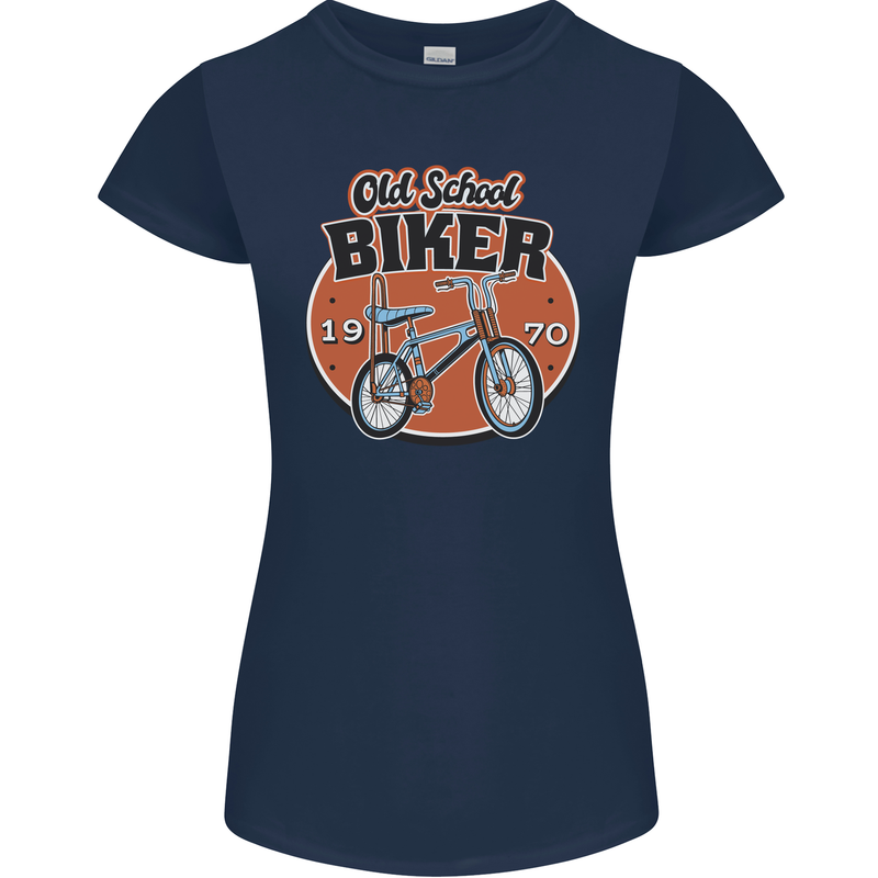 Old School Biker Bicycle Chopper Cycling Womens Petite Cut T-Shirt Navy Blue
