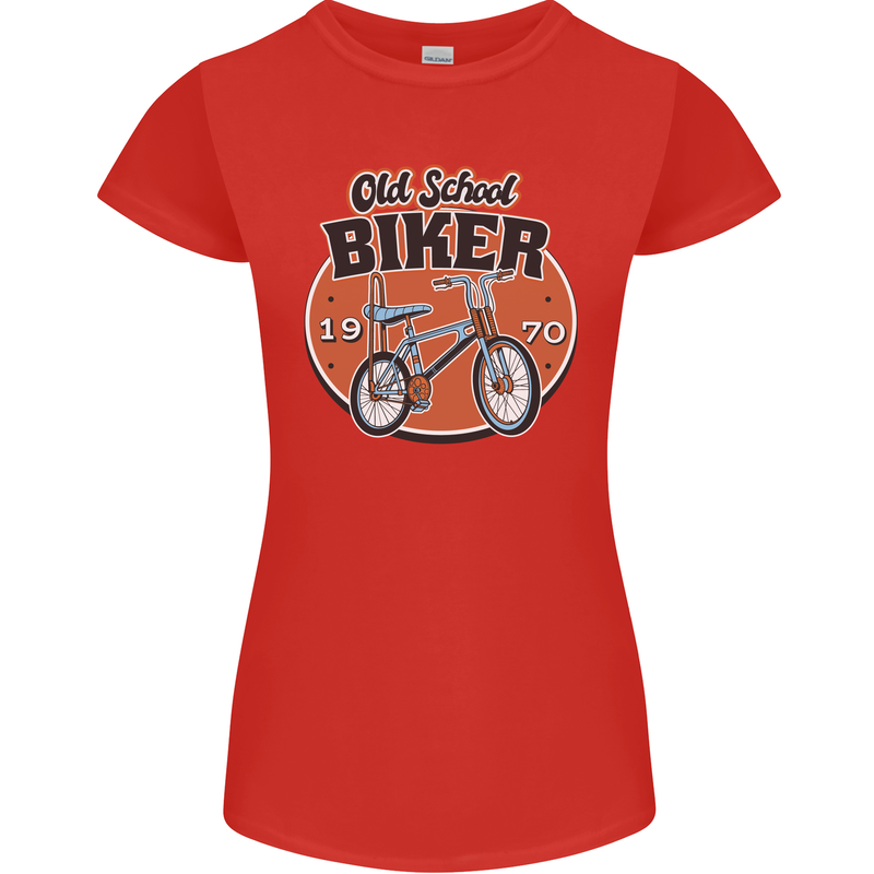 Old School Biker Bicycle Chopper Cycling Womens Petite Cut T-Shirt Red