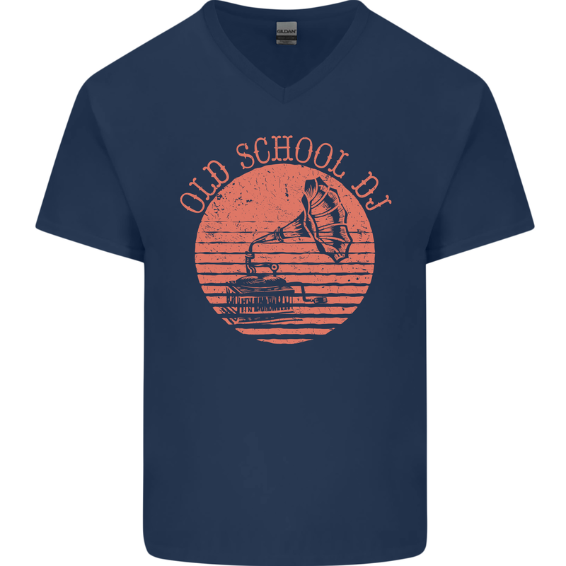 Old School DJ Gramaphone DJing Music Mens V-Neck Cotton T-Shirt Navy Blue