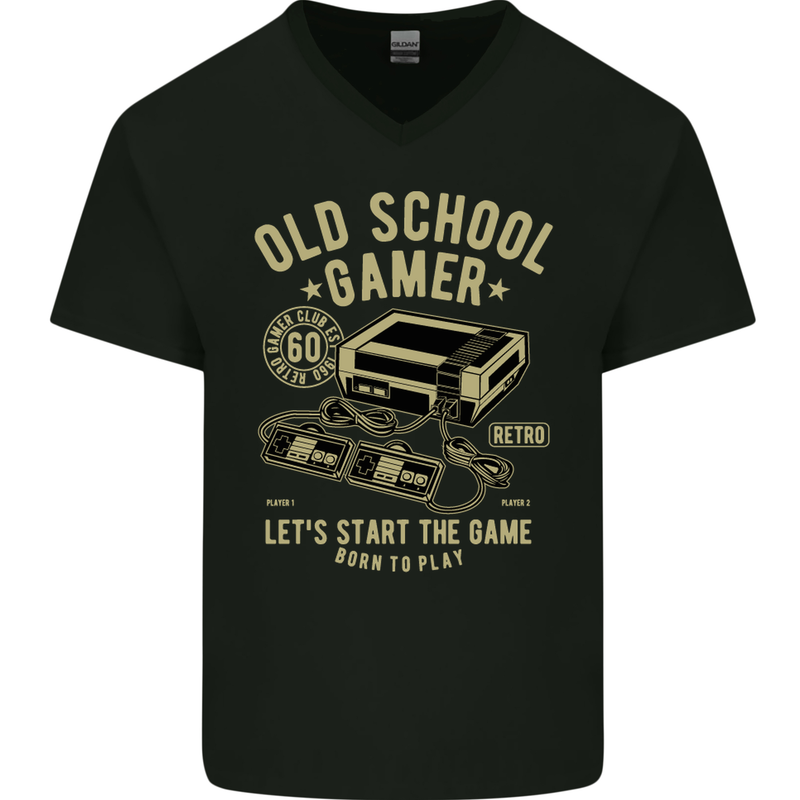 Old School Gamer Gaming Funny Mens V-Neck Cotton T-Shirt Black