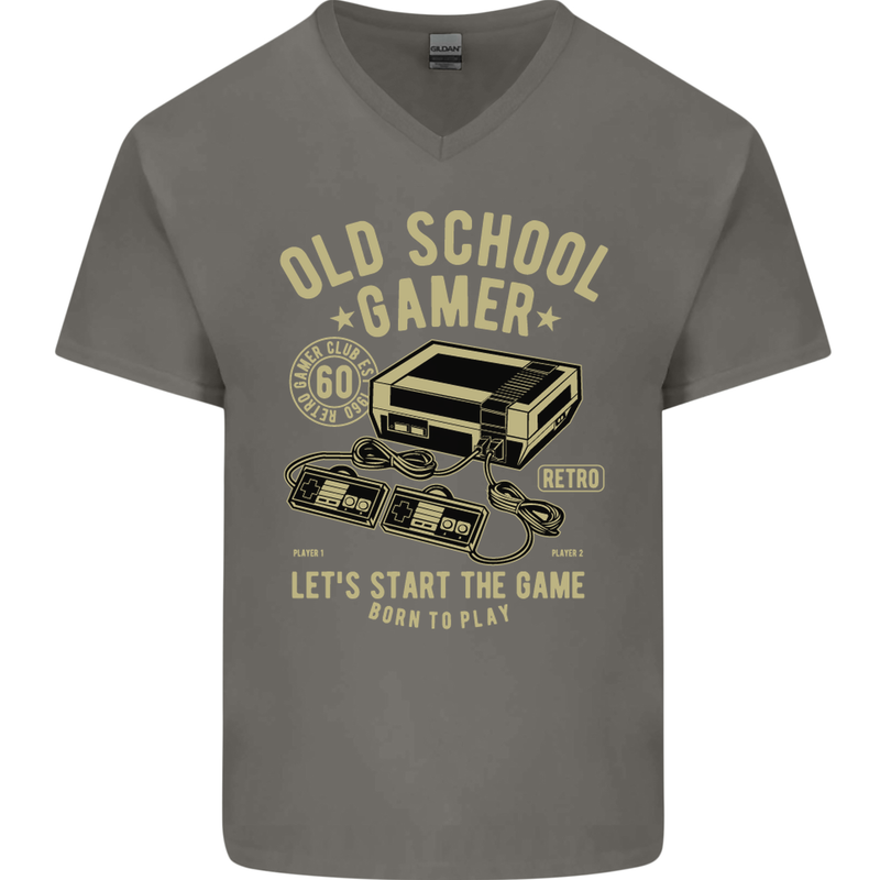 Old School Gamer Gaming Funny Mens V-Neck Cotton T-Shirt Charcoal