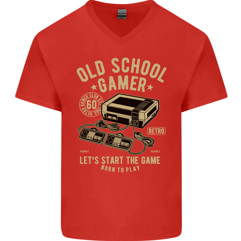 Old School Gamer Gaming Funny Mens V-Neck Cotton T-Shirt Red