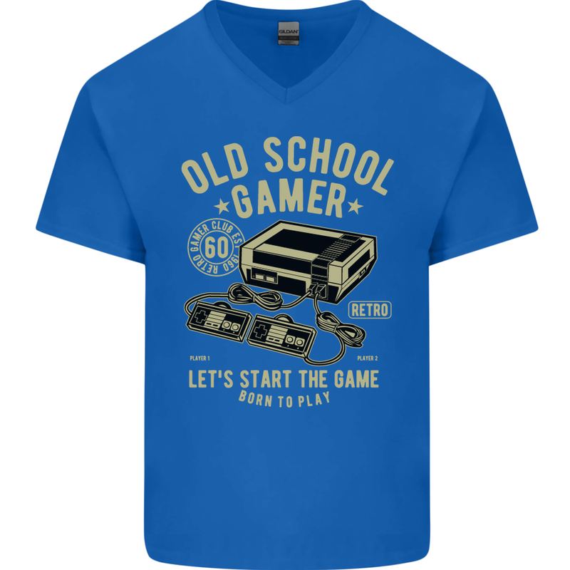 Old School Gamer Gaming Funny Mens V-Neck Cotton T-Shirt Royal Blue