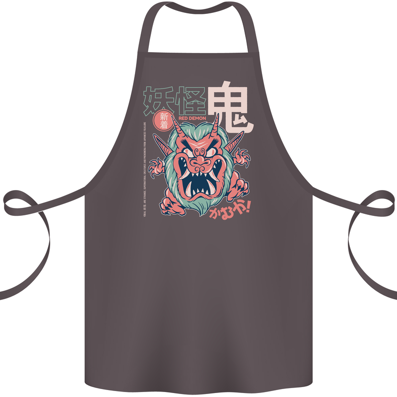 Oni Yokai Japanese Red Demon Cotton Apron 100% Organic Dark Grey