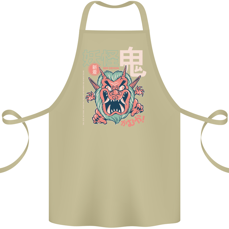 Oni Yokai Japanese Red Demon Cotton Apron 100% Organic Khaki
