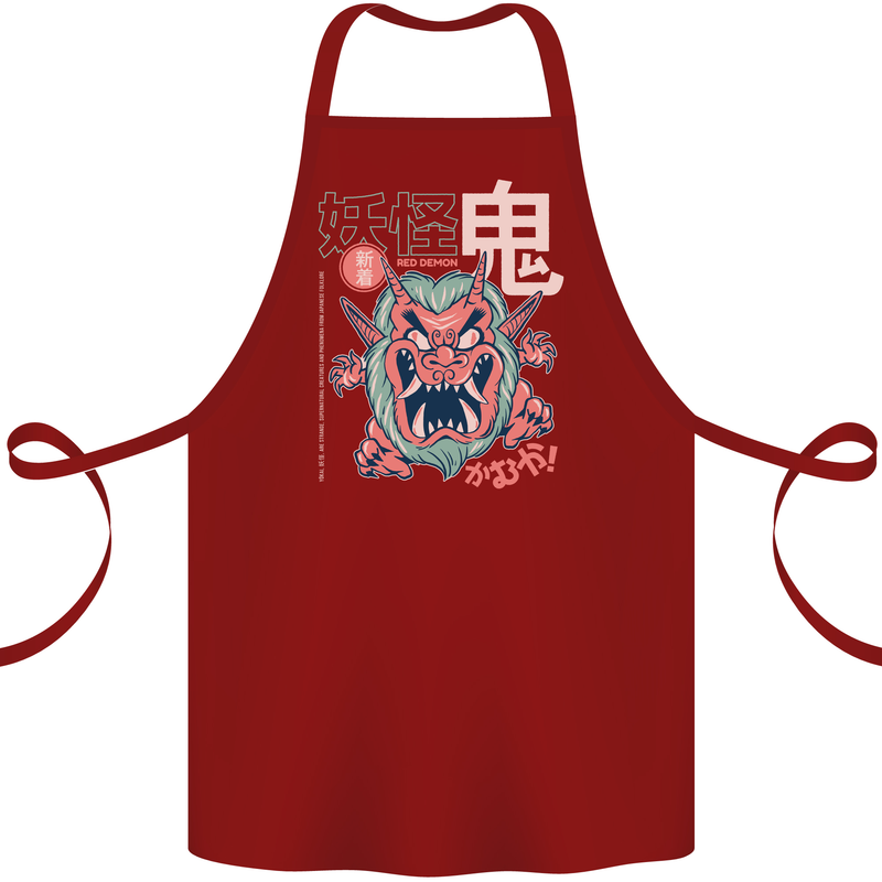 Oni Yokai Japanese Red Demon Cotton Apron 100% Organic Maroon