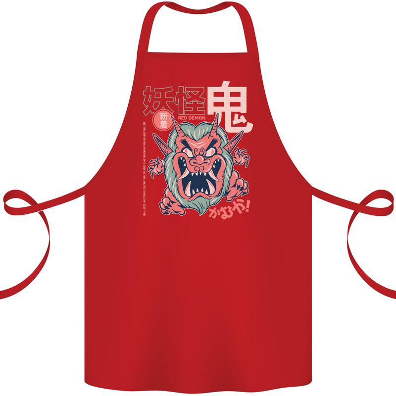 Oni Yokai Japanese Red Demon Cotton Apron 100% Organic Red