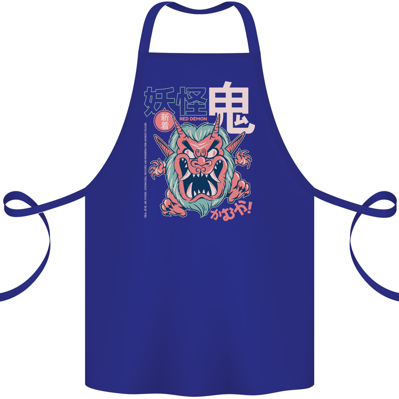 Oni Yokai Japanese Red Demon Cotton Apron 100% Organic Royal Blue