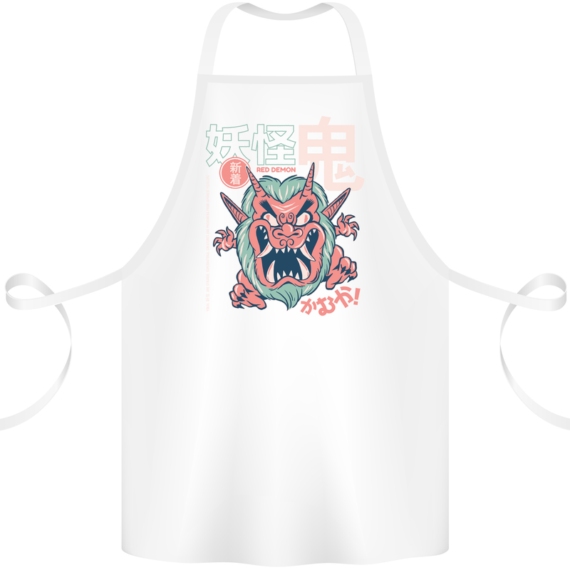 Oni Yokai Japanese Red Demon Cotton Apron 100% Organic White