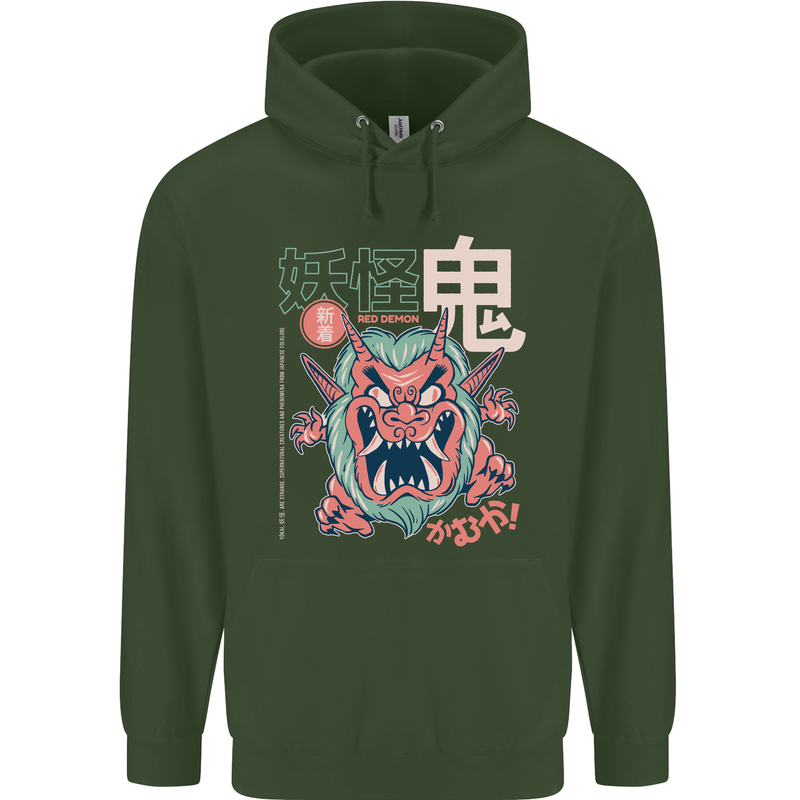Oni Yokai Japanese Red Demon Mens 80% Cotton Hoodie Forest Green