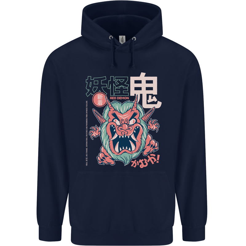 Oni Yokai Japanese Red Demon Mens 80% Cotton Hoodie Navy Blue