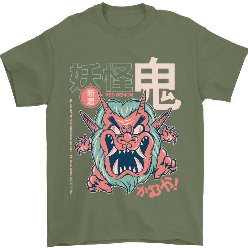 Oni Yokai Japanese Red Demon Mens T-Shirt Cotton Gildan Military Green