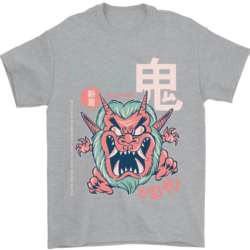 Oni Yokai Japanese Red Demon Mens T-Shirt Cotton Gildan Sports Grey