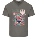 Oni Yokai Japanese Red Demon Mens V-Neck Cotton T-Shirt Charcoal