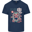 Oni Yokai Japanese Red Demon Mens V-Neck Cotton T-Shirt Navy Blue