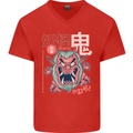 Oni Yokai Japanese Red Demon Mens V-Neck Cotton T-Shirt Red