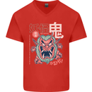 Oni Yokai Japanese Red Demon Mens V-Neck Cotton T-Shirt Red