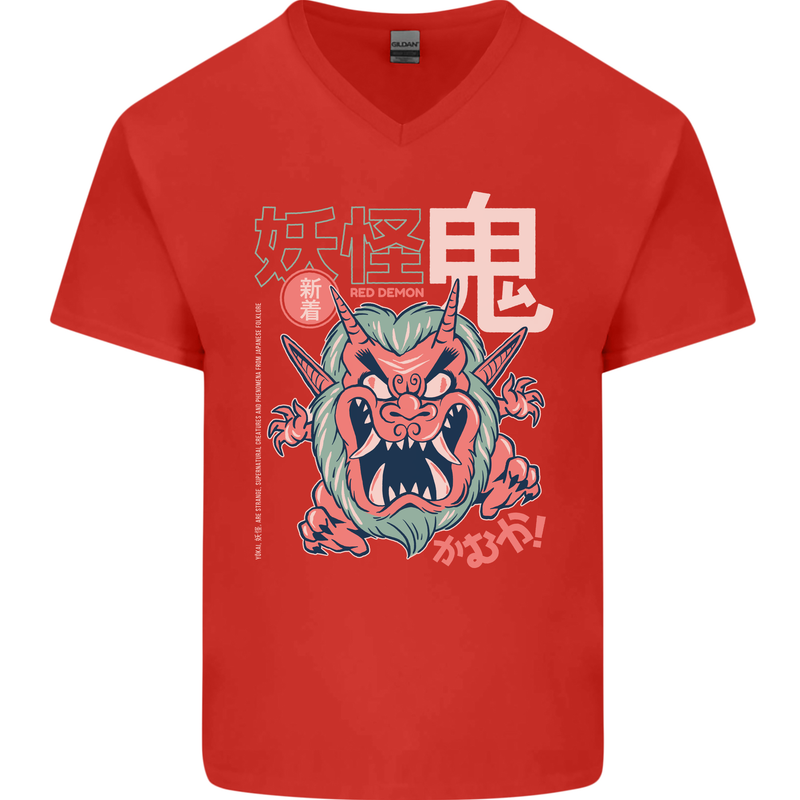 Oni Yokai Japanese Red Demon Mens V-Neck Cotton T-Shirt Red