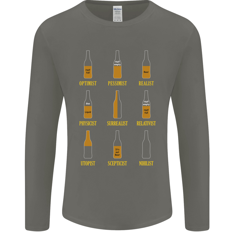 Optimism Pessimism Beer Alcohol Funny Mens Long Sleeve T-Shirt Charcoal